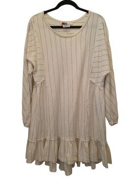 FP Beach April Cream Boho Striped Ruffle Hem Long Sleeve Tunic Mini Dress Sz S